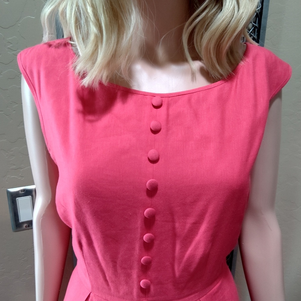 Ellen Tracy Fuschia Cap Sleeve Faux Button-Front Pleated Linen Midi Dress - Picture 2 of 7